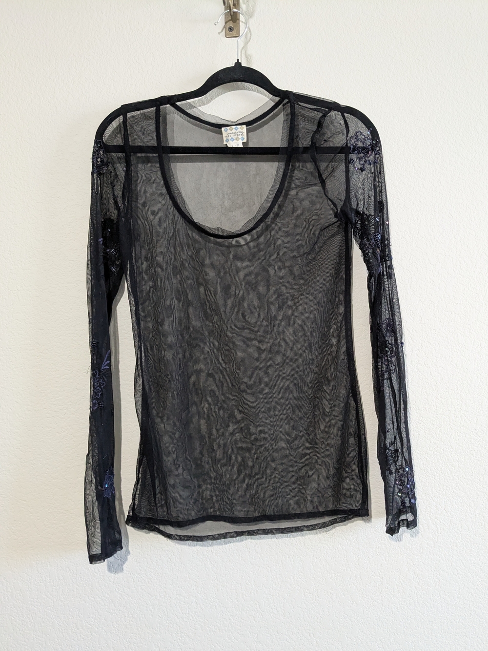 Free People Black Sheer Mesh Long-Sleeve Top with Embroidered Sequin Sleeves S